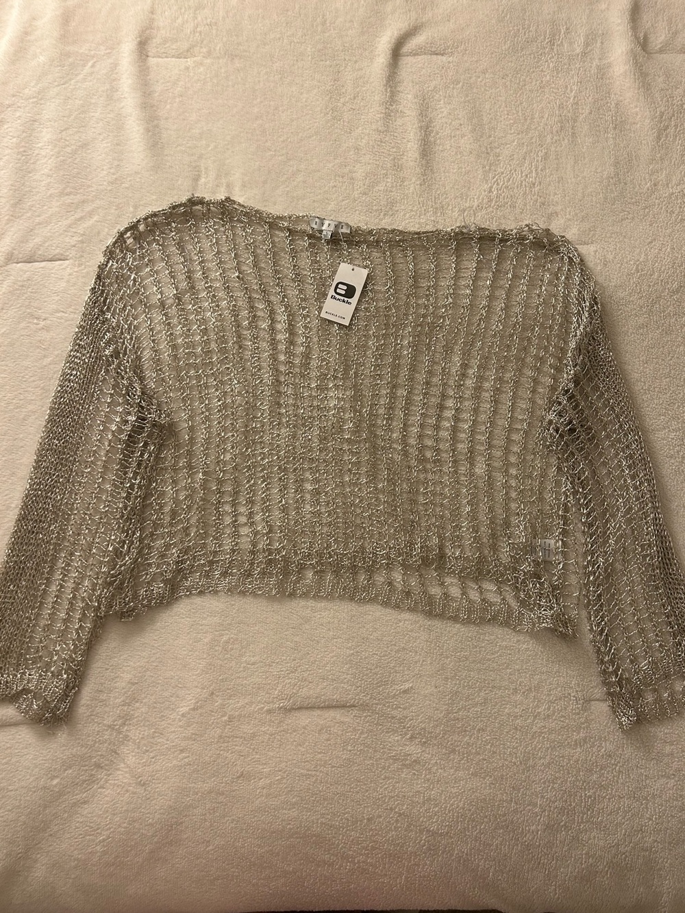 Buckle Silver Sheer Metallic Open-Weave Cropped Sweater